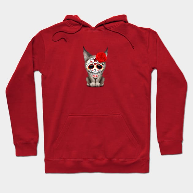 Red Day of the Dead Sugar Skull Lynx Cub Hoodie by jeffbartels